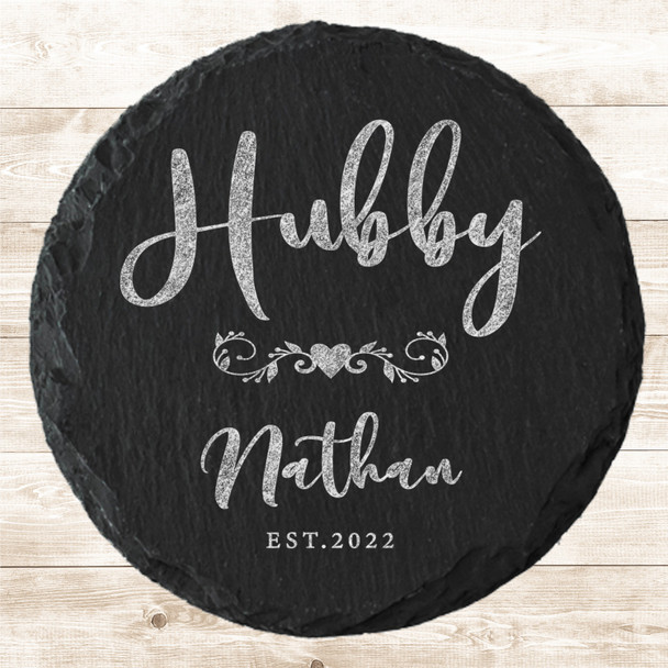 Round Slate Hubby Swirls Husband Newlyweds Wedding Day Gift Personalised Coaster