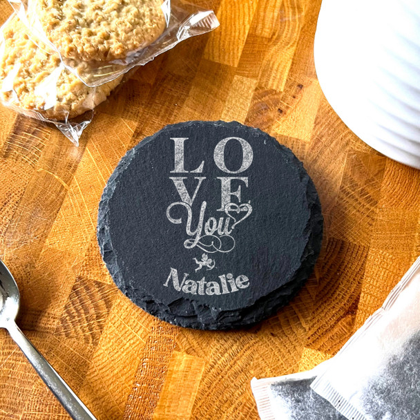 Round Slate Love You Happy Valentine's Day Cupid Gift Personalised Coaster