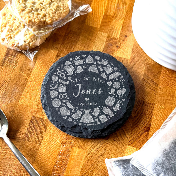 Round Slate MR & MRS Wedding Icons Gift Personalised Coaster