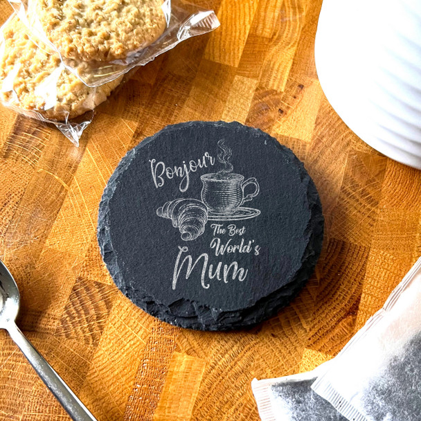 Round Slate Bonjour Mug World's Best Mother's Day Gift Personalised Coaster