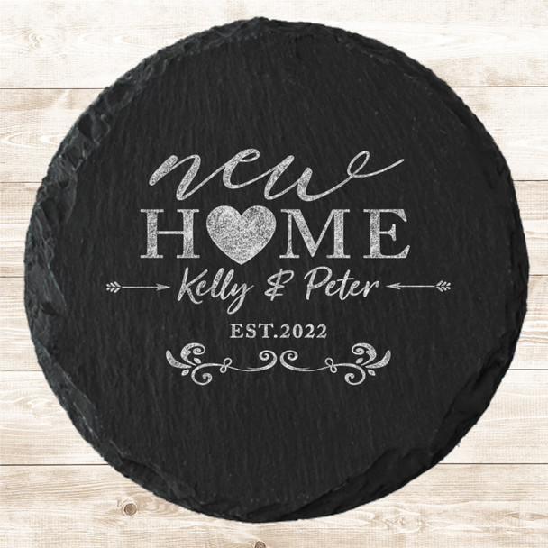 Round Slate New Home Couple Family Pretty Swirls Heart Gift Personalised Coaster