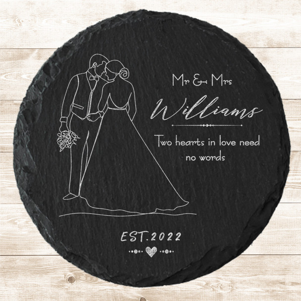 Round Slate Bride Groom Hearts In Love Wedding Day Gift Personalised Coaster