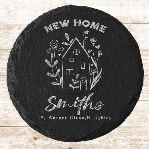 Round Slate New Home House Flowers Address Family Name Gift Personalised Coaster