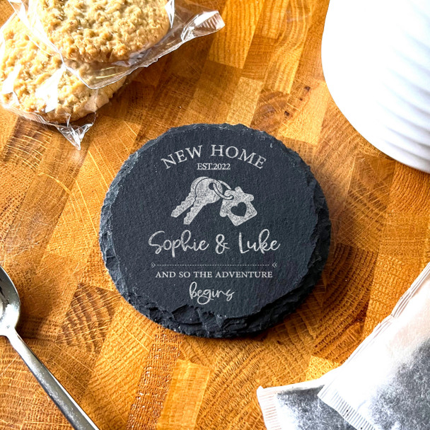 Round Slate New Home House Keys Couple Adventure Gift Personalised Coaster