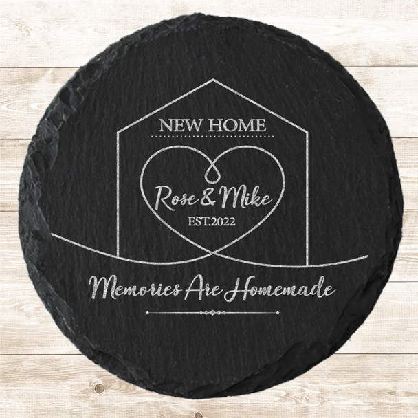 Round Slate New Home House Heart Memories Homemade Gift Personalised Coaster