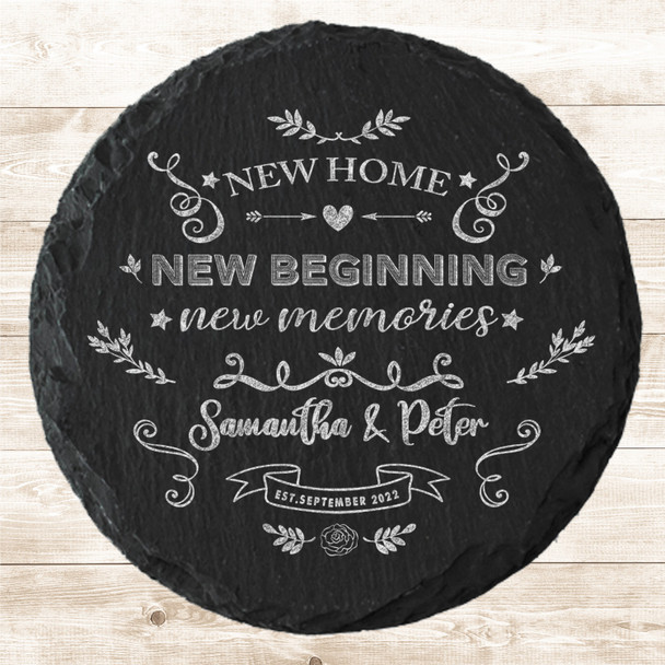 Round Slate New Home New Beginning Memories Couple Gift Personalised Coaster