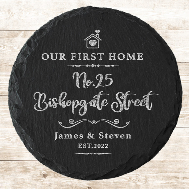 Round Slate Our First New Home House Heart Address Gift Personalised Coaster