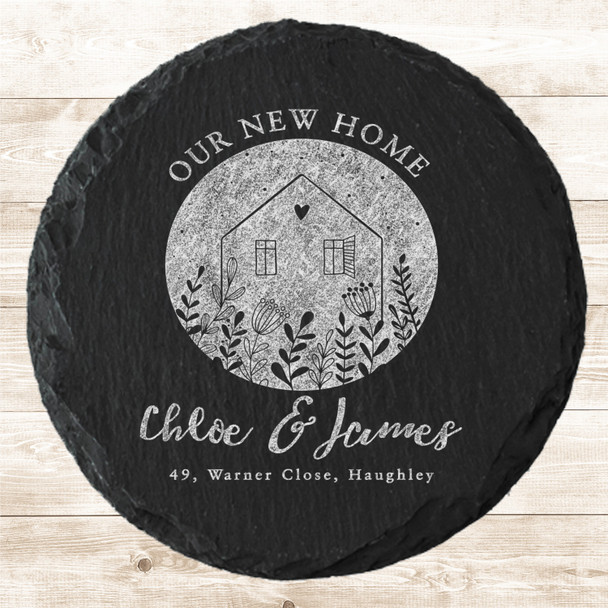 Round Slate Our New Home Floral Couple Names Address Gift Personalised Coaster
