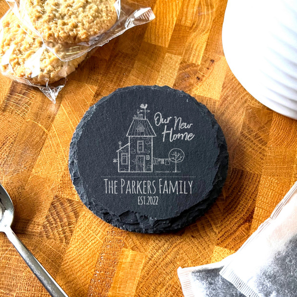 Round Slate Our New Home House Doodle The Family Gift Personalised Coaster