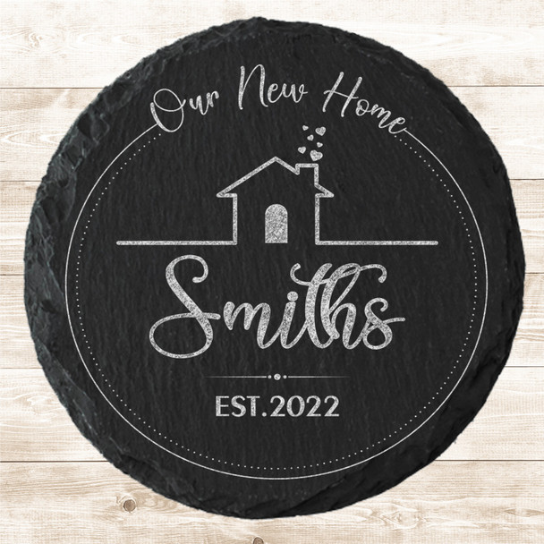 Round Slate Our New Home House Family Name Heart Gift Personalised Coaster