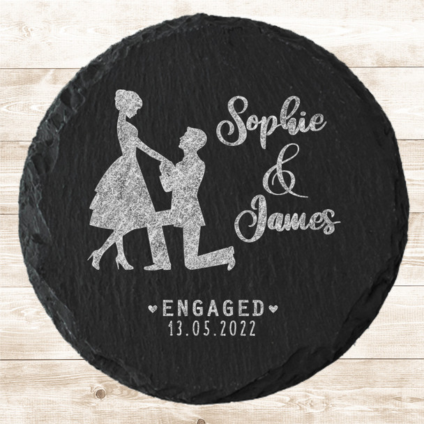 Round Slate Shadow Proposal Engagement Date Hearts Gift Personalised Coaster