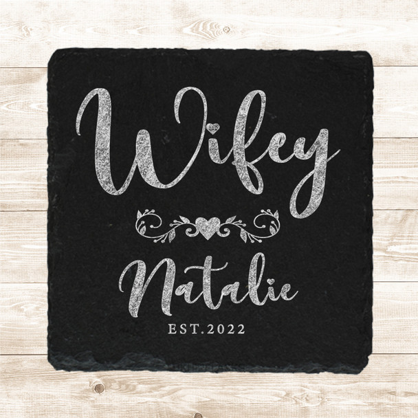 Square Slate Wifey Swirls Heart Wedding Day Newlyweds Gift Personalised Coaster