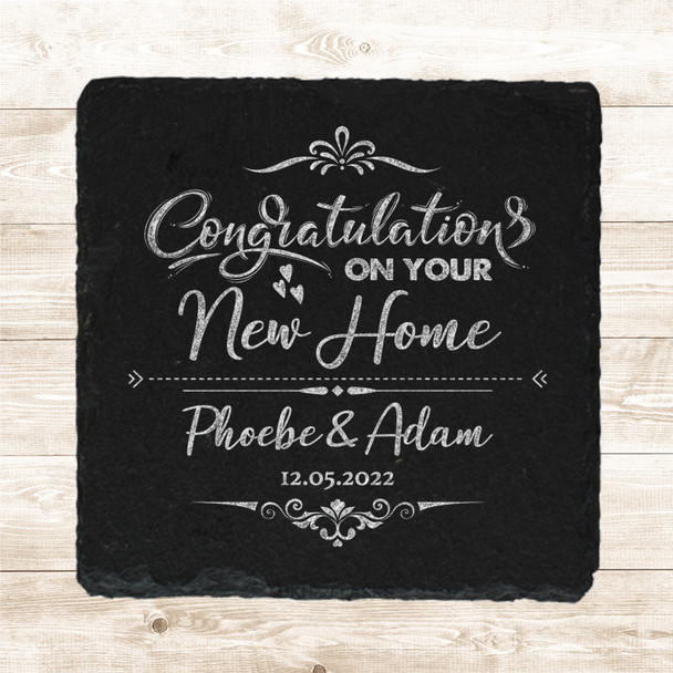 Square Slate Congratulations On Your New Home Hearts Gift Personalised Coaster