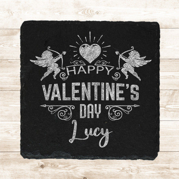 Square Slate Cupids Happy Valentine's Day Swirls Gift Personalised Coaster