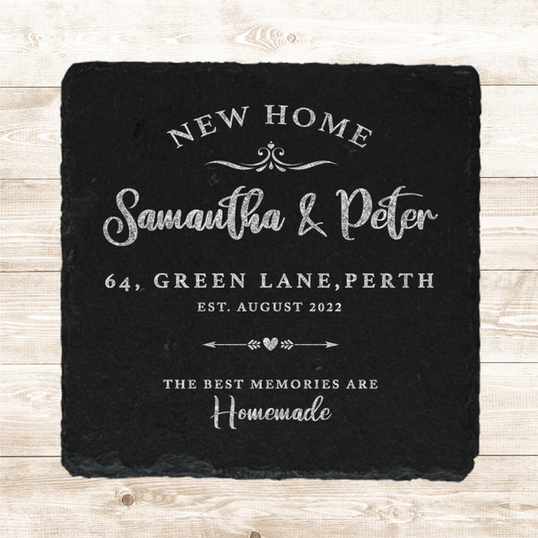 Square Slate New Home Couple Address Memories Swirls Gift Personalised Coaster