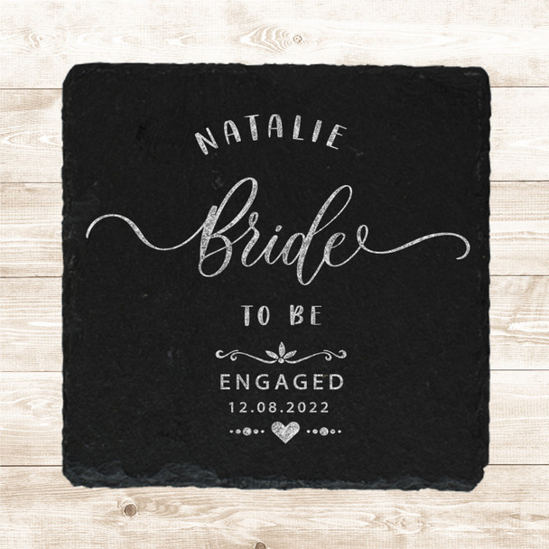 Square Slate Bride To Be Engagement Date Heart Gift Personalised Coaster