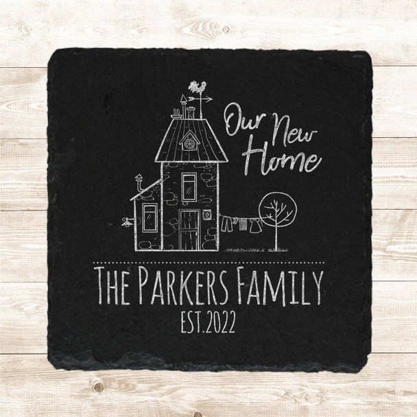 Square Slate Our New Home House Doodle The Family Gift Personalised Coaster