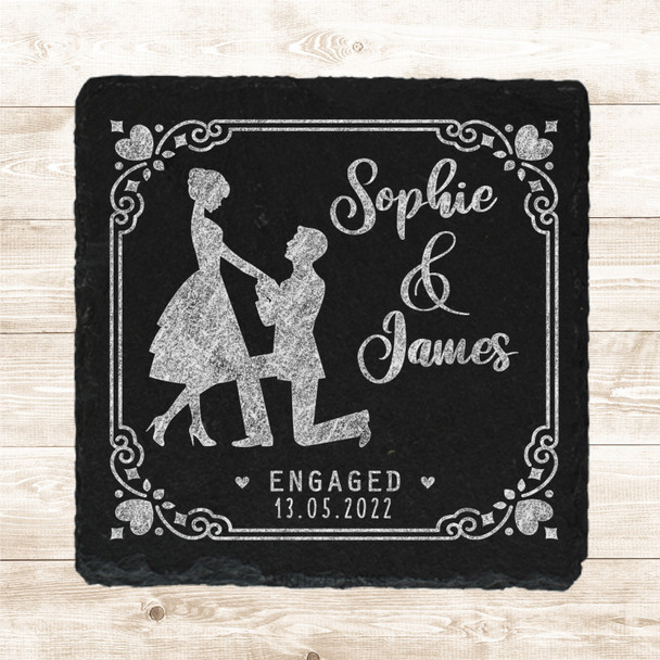 Square Slate Patterns Proposal Engagement Date Hearts Gift Personalised Coaster