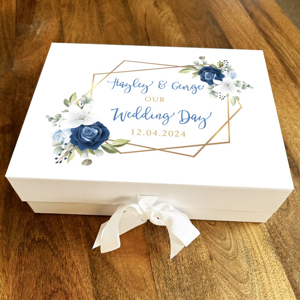 Blue White Rose Gold Frame Personalised Wedding Day Keepsake Gift Memory Box