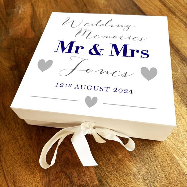 Mr & Mrs Navy Blue Grey Personalised Square Wedding Day Gift Memory Box