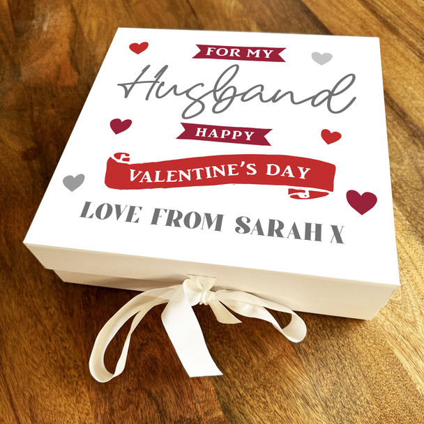 Husband Text Red Banner Personalised Square Valentine's Day Keepsake Gift Box