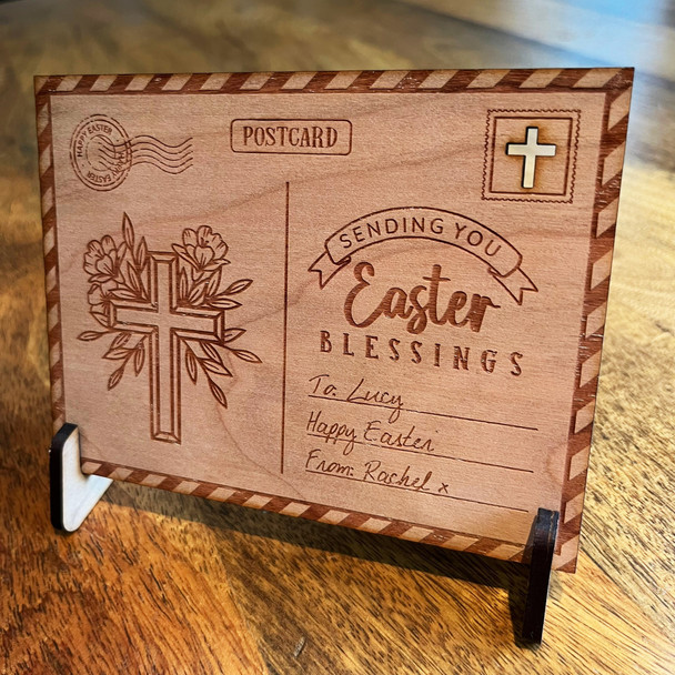 Easter Blessings Cross Flowers Personalised Card Engraved Wooden Postcard Gift