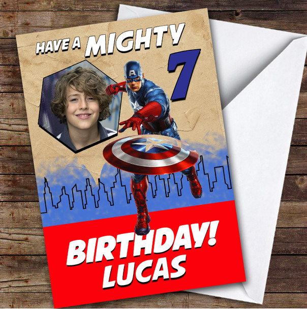 Captain America Hero Mighty Photo Kids Personalised Children's Birthday Card