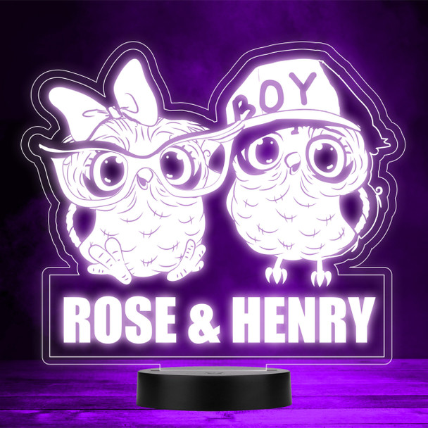 Cute Girl & Boy Owls Kids Twins Siblings LED Personalised Gift Night Light