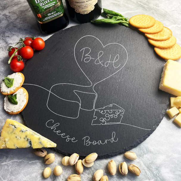 Round Slate Line Art Initals Heart Slice Cheese Personalised Serving Board