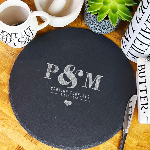 Round Slate Couples Name Initials Cooking Together Since Serving Board