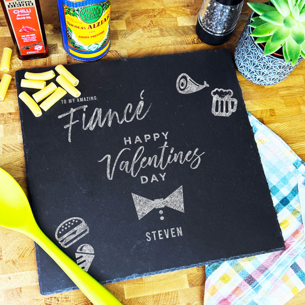 Square Slate Valentine's Day Amazing FiancÃ© Bow Tie Personalised Serving Board