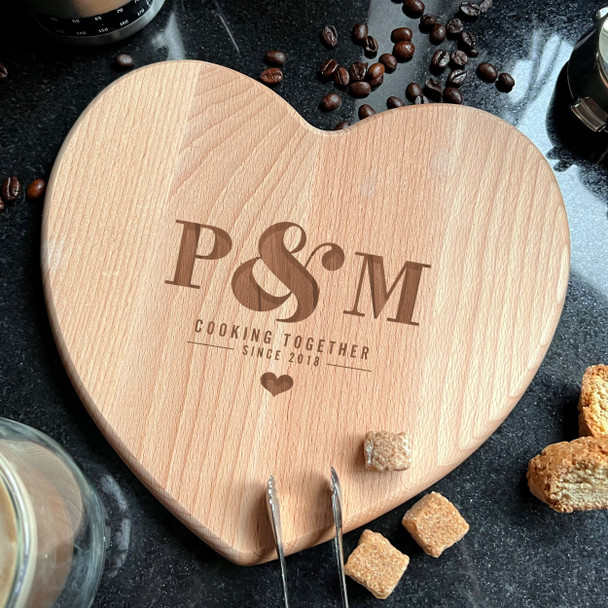 Wood Heart Couples Initials Cooking Together Since Personalised Chopping Board