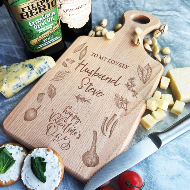 Wood Paddle Valentine's Day Ingredients Herbs Lovely Husband Chopping Board