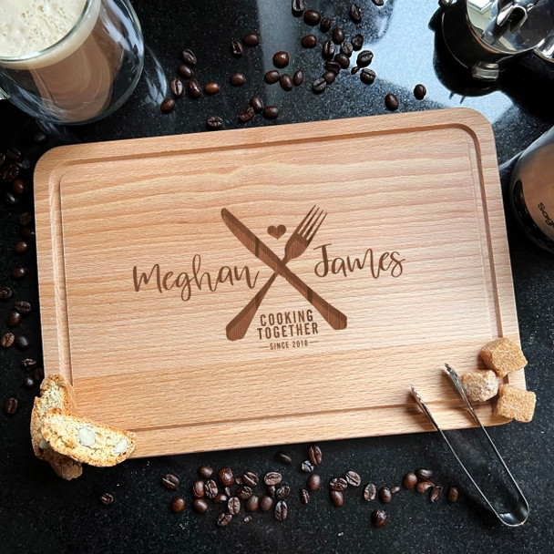 Wood Rectangle Fork & Knife Cooking Together Since Personalised Chopping Board