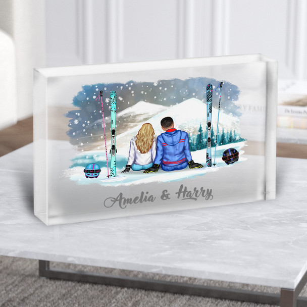 Ski Slopes Mountains Gift For Him or Her Personalised Couple Clear Acrylic Block