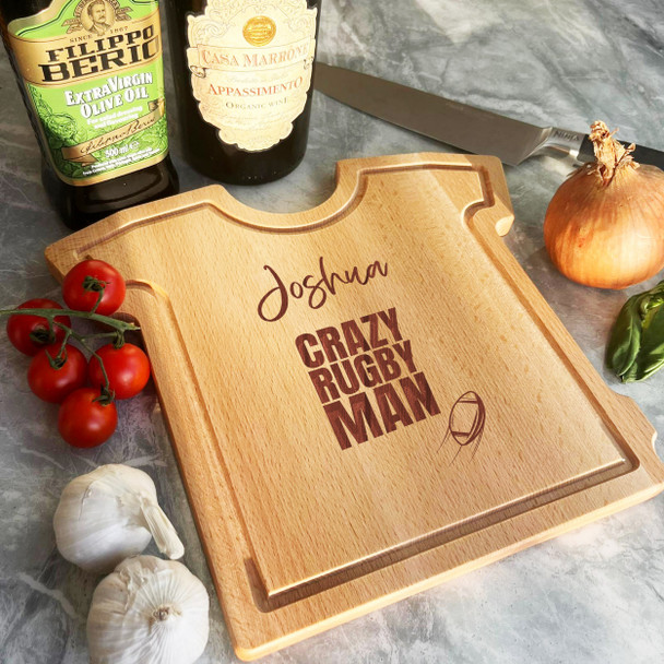 Crazy Rugby Man Rugby Ball Personalised Gift T-Shirt Chopping Serving Board