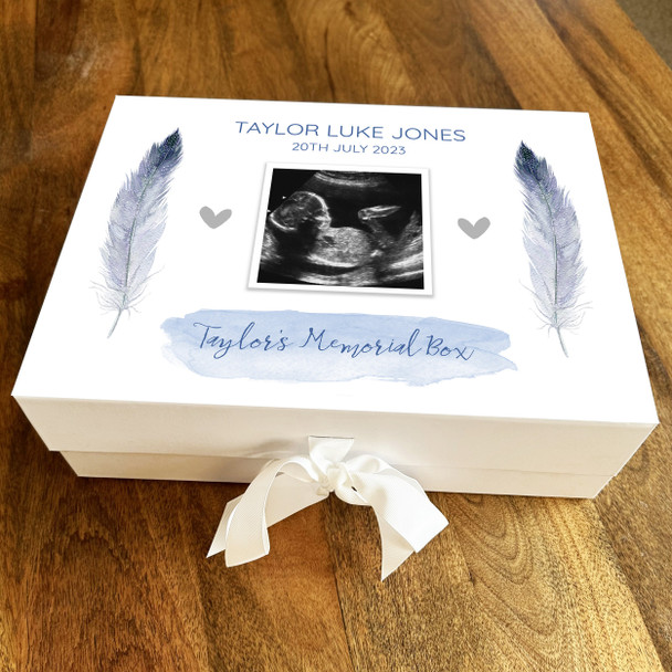 Baby Boy Memorial Photo Blue Feather Wash Memory Rememberence Keepsake Box