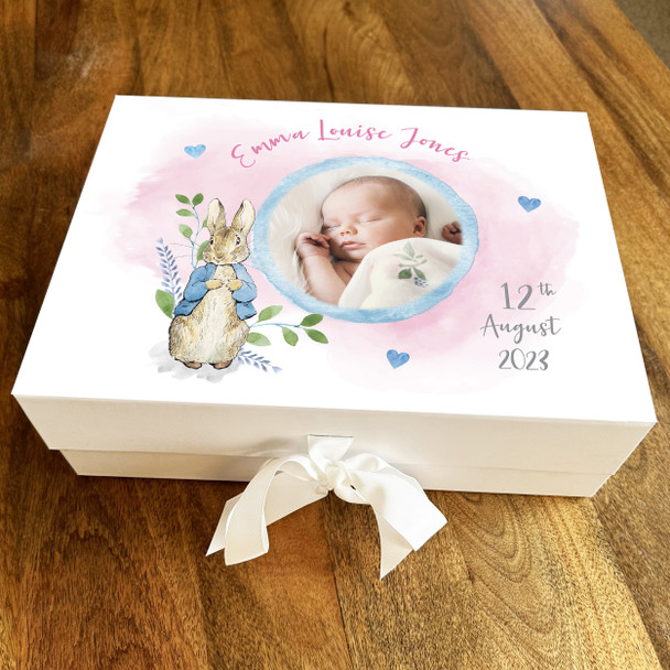 New Baby Shower Girl Pink Photo Peter Rabbit Keepsake Memory Hamper Gift Box