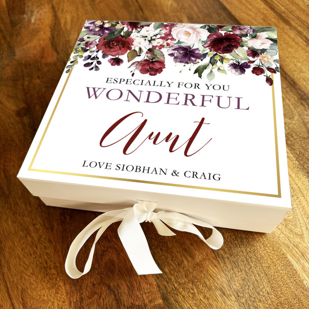 Aunt Purple Red Floral Personalised Square Keepsake Memory Hamper Gift Box