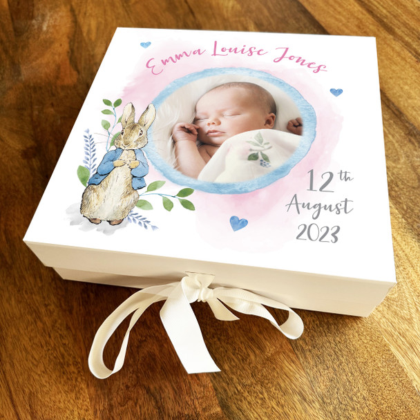 New Baby Shower Girl Pink Photo Peter Rabbit Square Keepsake Memory Gift Box