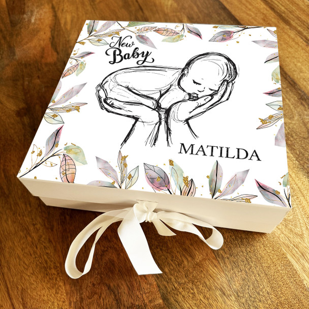 New Baby Shower Line Art Leaves Square Keepsake Memory Hamper Gift Box