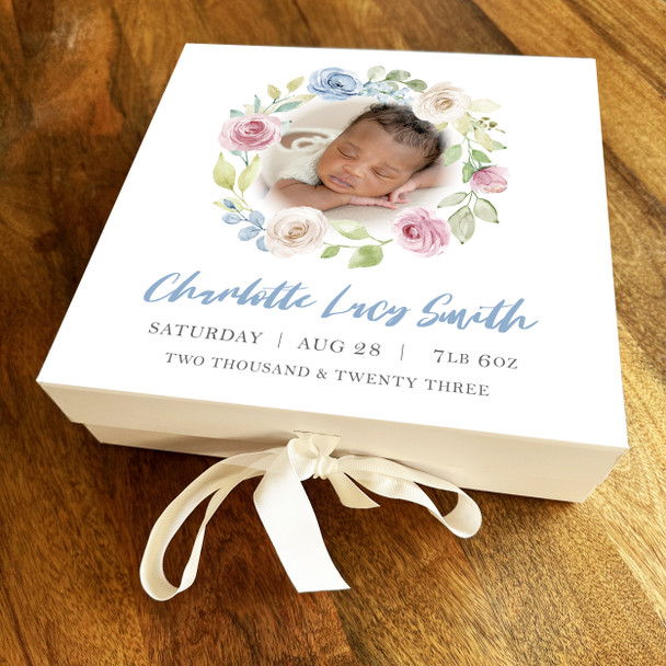 New Baby Shower Photo Floral Wreath Pastel Square Keepsake Memory Gift Box