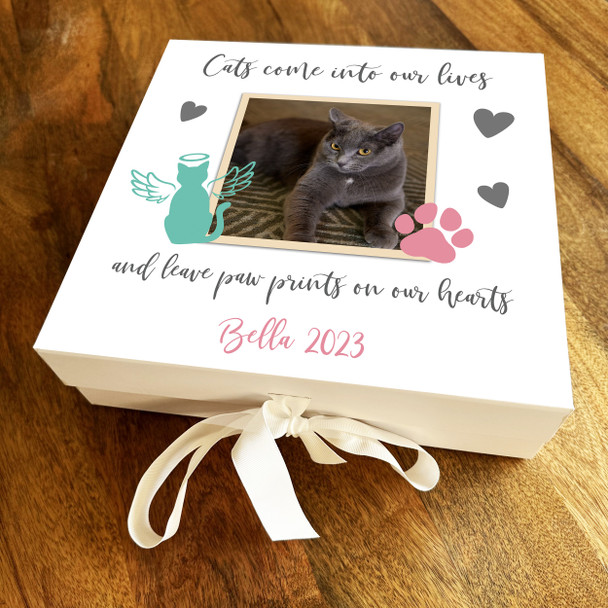 Cat Paw Prints On Our Hearts Photo Pet Loss Memorial Square Memory Keepsake Box