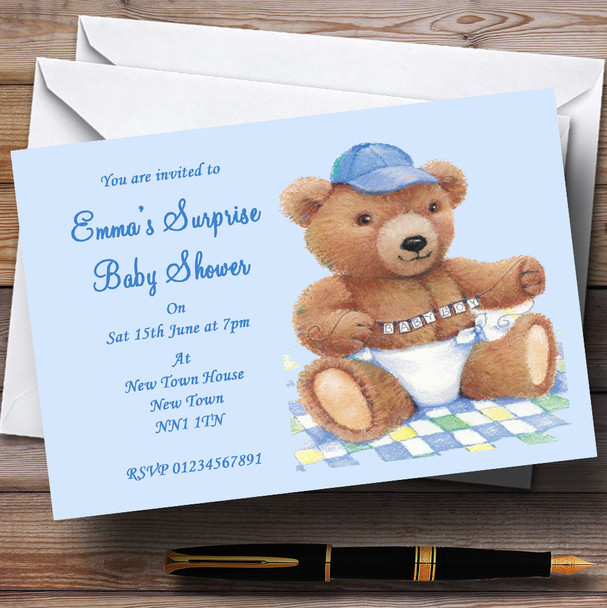 Blue Baby Boy Teddy Surprise Baby Shower Customised Party Invitations