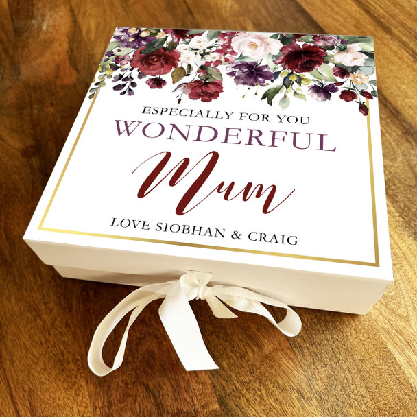 Mum Purple Red Floral Personalised Square Keepsake Memory Hamper Gift Box
