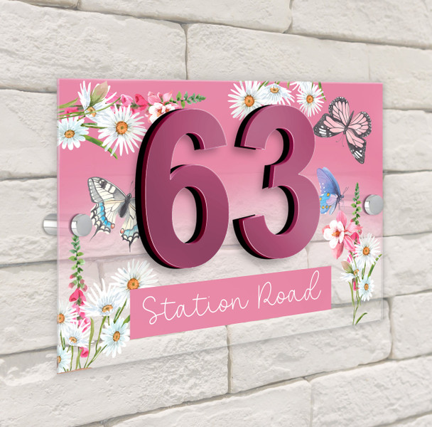 Pink Butterfly Flowers Floral 3D Acrylic House Address Sign Door Number Plaque