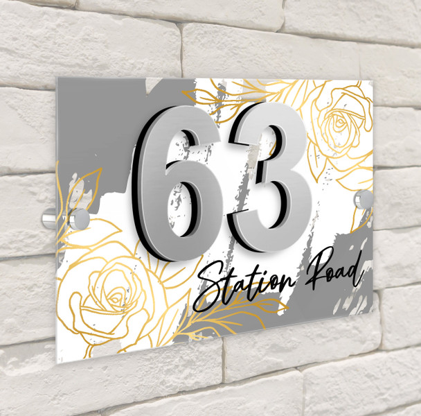 Grey Gold Rose 3D Acrylic House Address Sign Door Number Plaque