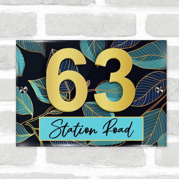 Black Blue Teal Green Leaves 3D Acrylic House Address Sign Door Number Plaque