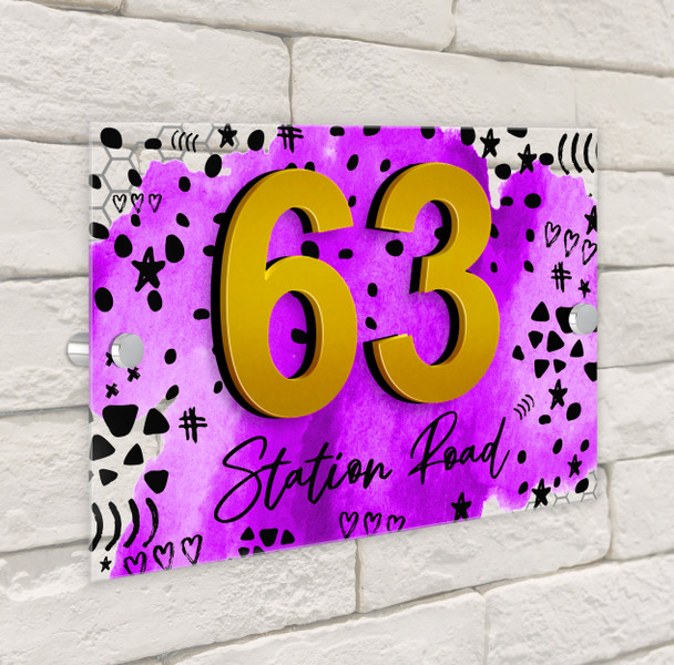 Bright Purple Watercolour 3D Acrylic House Address Sign Door Number Plaque