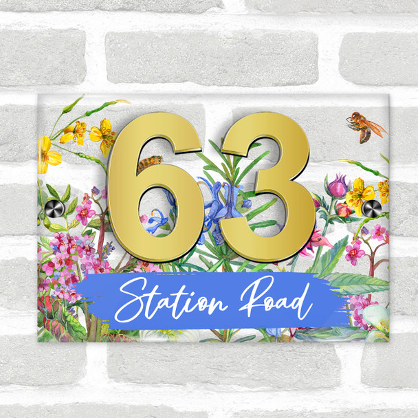 Bees & Meadow Flowers 3D Acrylic House Address Sign Door Number Plaque